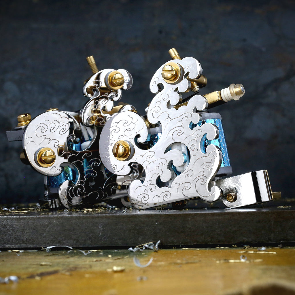 work horse ironタトゥーマシン Guy Le WAVE Liner and Shader PAIR - Nickel x Gold ENGRAVED